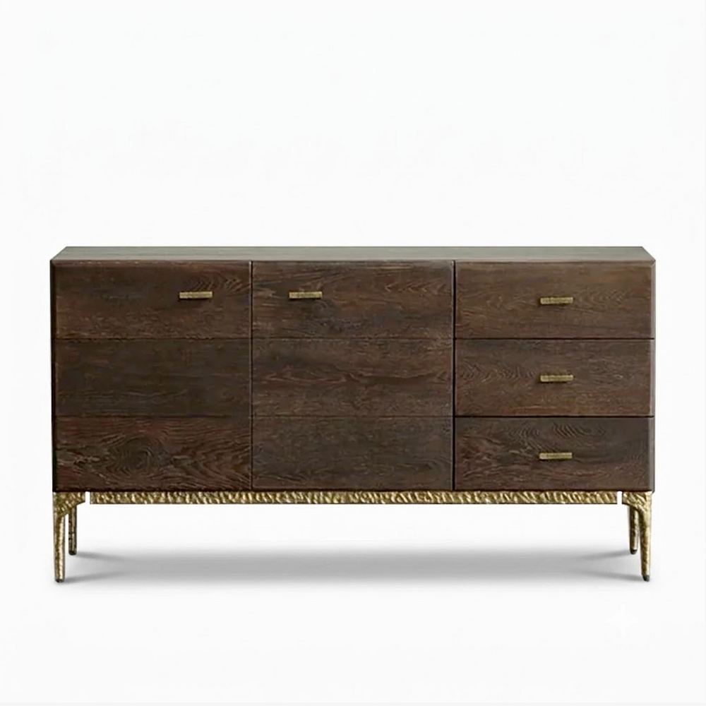 Modern Dark Wood Sideboard Buffet with Brass Metal Base and Storage Drawers
