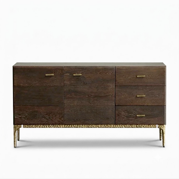 Modern Dark Wood Sideboard Buffet with Brass Metal Base and Storage Drawers