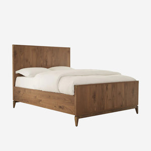 Mid-Century Modern Walnut Platform Bed with Metal Accents – Solid Wood Headboard
