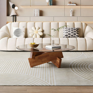 Modern Round Coffee Table for Living Room, 27.5" x 27.5" x 12.2" Mid Century Center Table with Tempered Glass Top and Wood, Walnut
