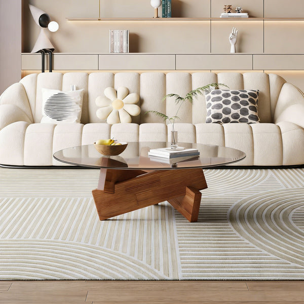 Modern Round Coffee Table for Living Room, 27.5" x 27.5" x 12.2" Mid Century Center Table with Tempered Glass Top and Wood, Walnut