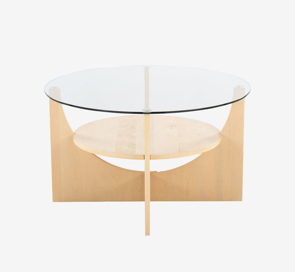 U-Shaped Contemporary Coffee Table in Natural Wood and Clear Glass