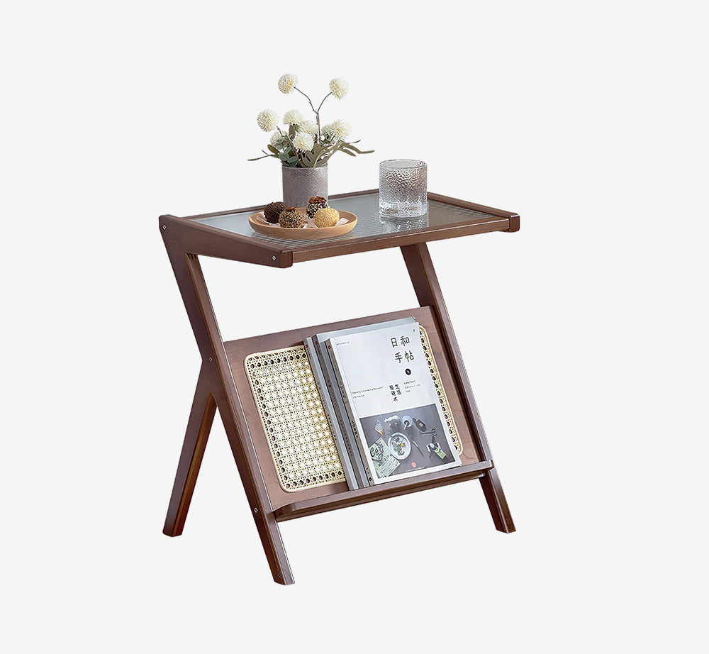 Rattan Nightstand Side Table, Bamboo Accent Bedside Tables, Glass Coffee Tables, Boho End Table with Storage for Small Space Living Room Bedroom, Brown