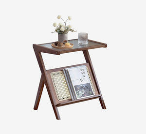 Rattan Nightstand Side Table, Bamboo Accent Bedside Tables, Glass Coffee Tables, Boho End Table with Storage for Small Space Living Room Bedroom, Brown