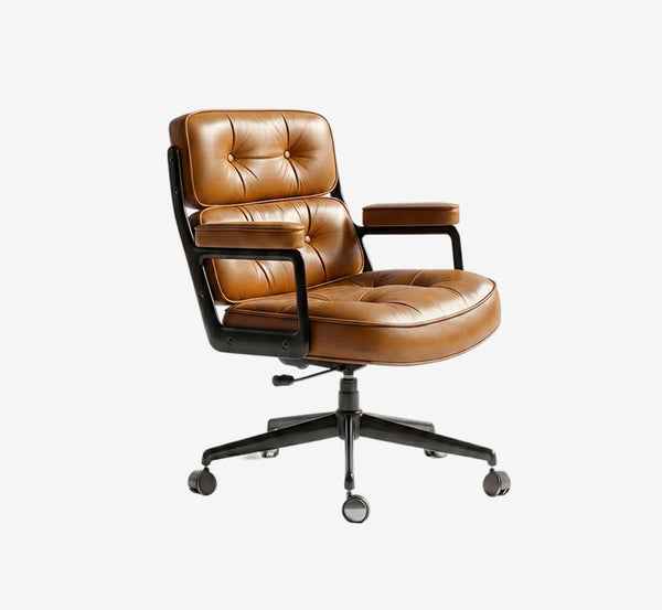 Mid-Century Modern Executive Leather Office Chair - Luxury Tufted Swivel Desk Chair with Ergonomic Support