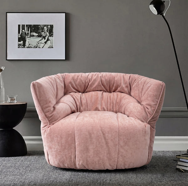 Contemporary Ruched Chenille Cloud Lounge Chair - High-Density Foam Blush Pink Armchair - Quiet Luxury Enveloping Bucket Chair