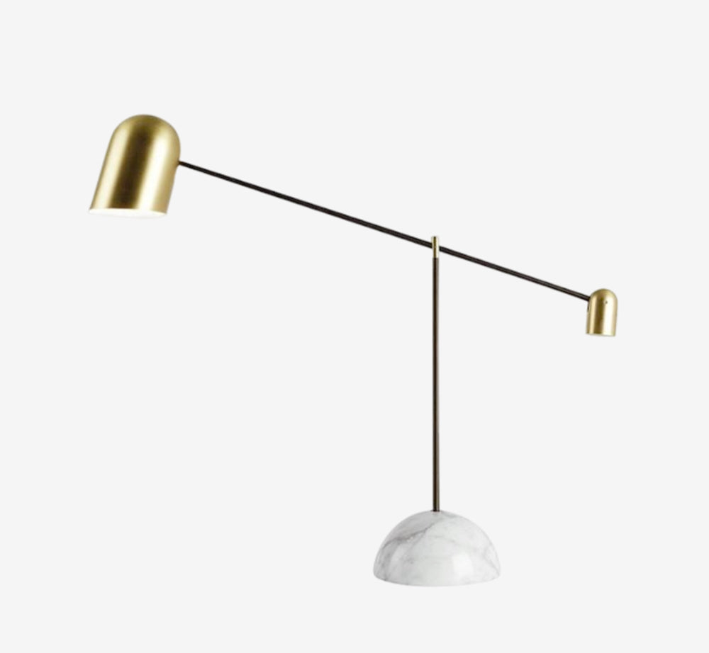Mid-Century Modern Balance Arm Desk Lamp – White Marble Base with Brushed Brass Shade