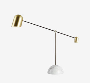 Mid-Century Modern Balance Arm Desk Lamp – White Marble Base with Brushed Brass Shade