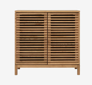 Bar Cabinet with Slatted Doors - Flaxen Oak Finish Modern Liquor Cabinet