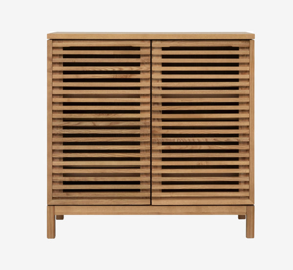 Bar Cabinet with Slatted Doors - Flaxen Oak Finish Modern Liquor Cabinet