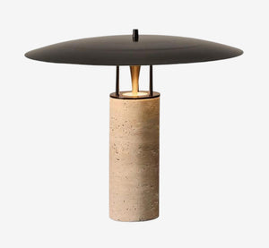 Minimalist Travertine Mushroom Table Lamp – Modern Brutalist Stone Desk Light with Matte Black Shade