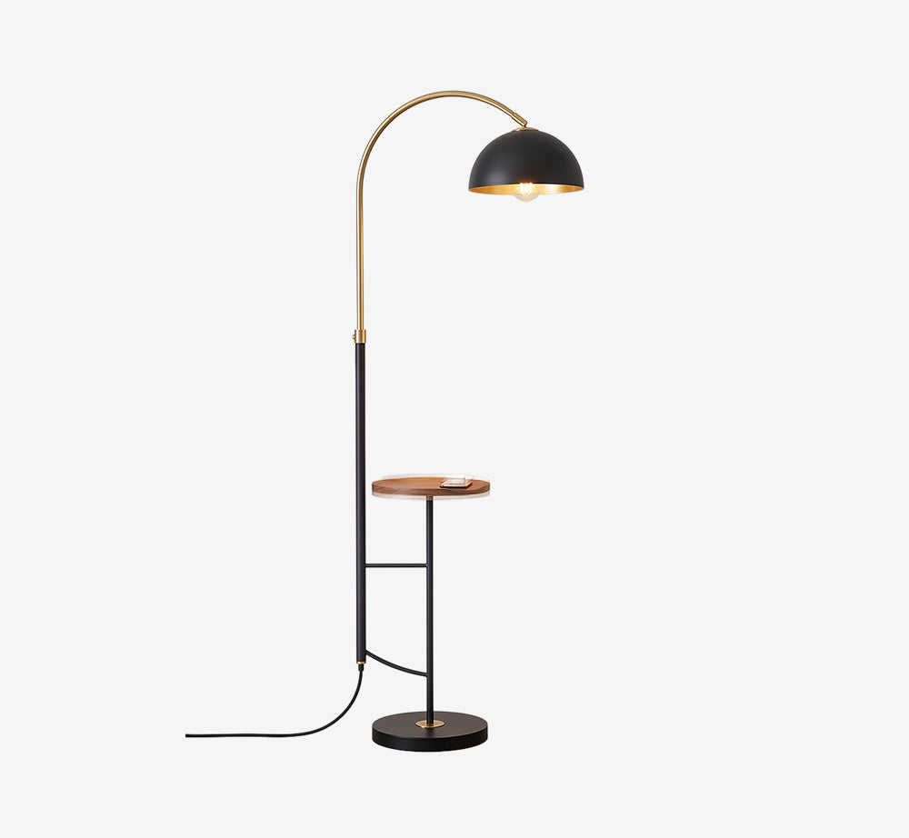 Mid-Century Modern Arc Floor Lamp – 2-in-1 Standing Reading Light with Brass Accents & Matte Black Dome