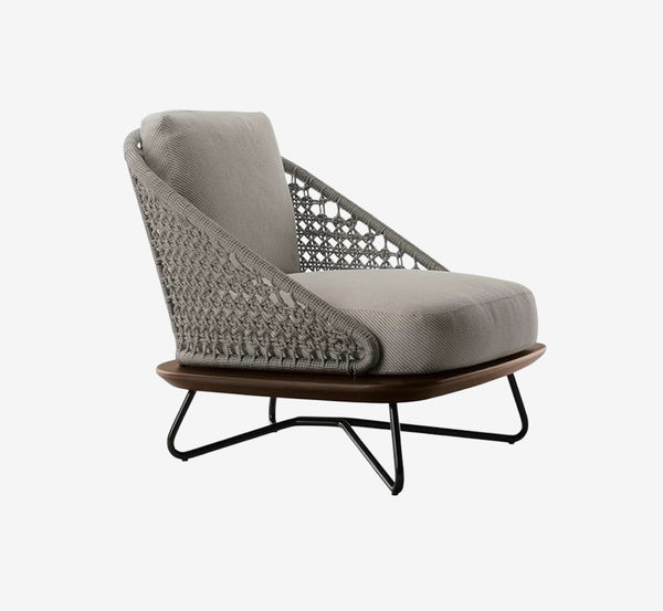 Modern Woven Rope Lounge Chair with Wood Platform Base - Minimalist Braided Accent Chair - Contemporary Japandi Armchair for Living Room, Sunroom & Bedroom