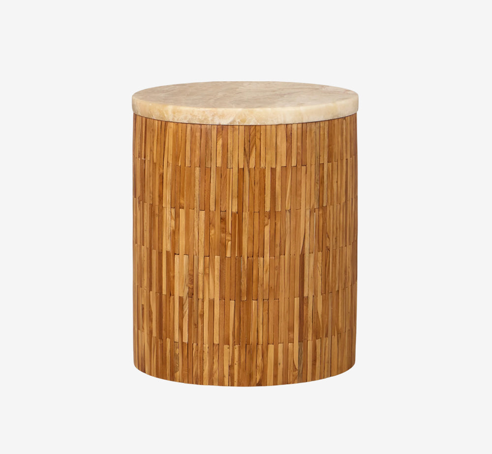 Natural Teak Wood and Onyx Stone Side Table - Handcrafted Drum End Table with Unique Wood Tiles
