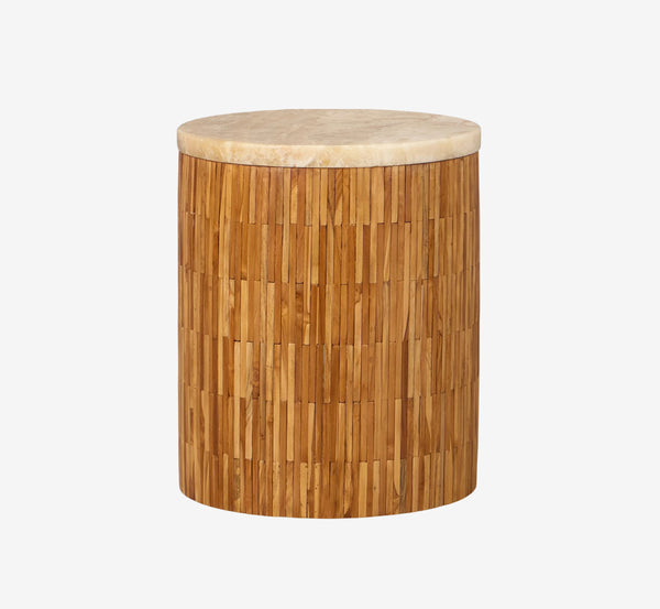 Natural Teak Wood and Onyx Stone Side Table - Handcrafted Drum End Table with Unique Wood Tiles