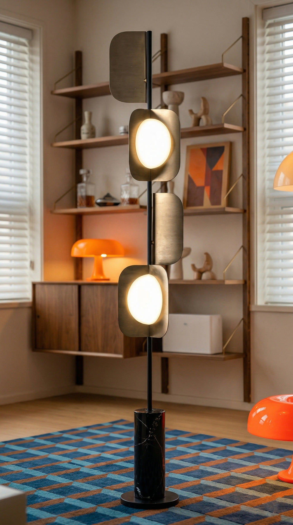 Modern Mid-Century Sculptural Floor Lamp | Staggered Brass Panel Standing Light with Black Marble Base