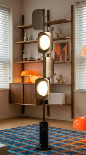 Modern Mid-Century Sculptural Floor Lamp | Staggered Brass Panel Standing Light with Black Marble Base