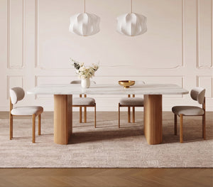 Modern Marble Dining Table with Fluted Oak Pedestal Base – Contemporary Rectangular Dining Table