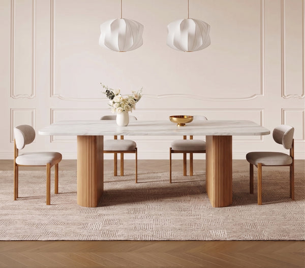 Modern Marble Dining Table with Fluted Oak Pedestal Base – Contemporary Rectangular Dining Table