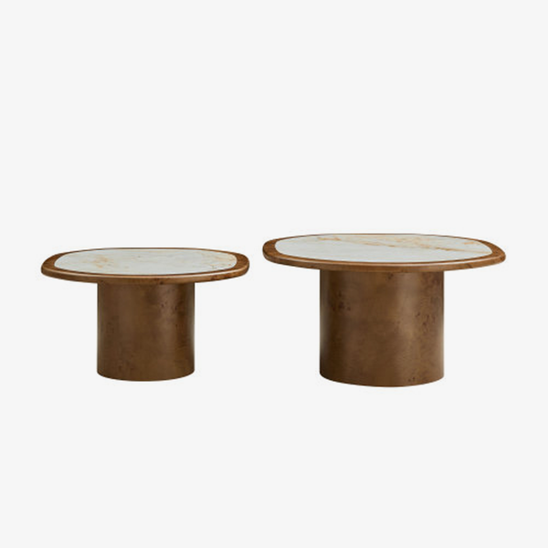 Modern Burl Wood Nesting Coffee Table Set with Sintered Stone Top – Luxury Round Coffee Tables for Contemporary Living Rooms
