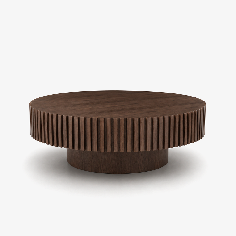 35.4" Round Fluted Drum Coffee Table - Walnut Finish Mushroom Pedestal Table for Small Spaces