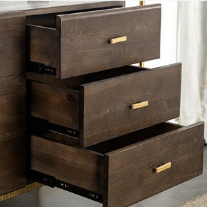 Modern Dark Wood Sideboard Buffet with Brass Metal Base and Storage Drawers