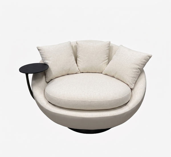 Modern Round Swivel Cuddler Chair with Integrated Tray Table - Oversized Cream Bouclé Lounge Armchair - 360-Degree Rotating Deep Seat Accent Chair for Living Room & Bedroom