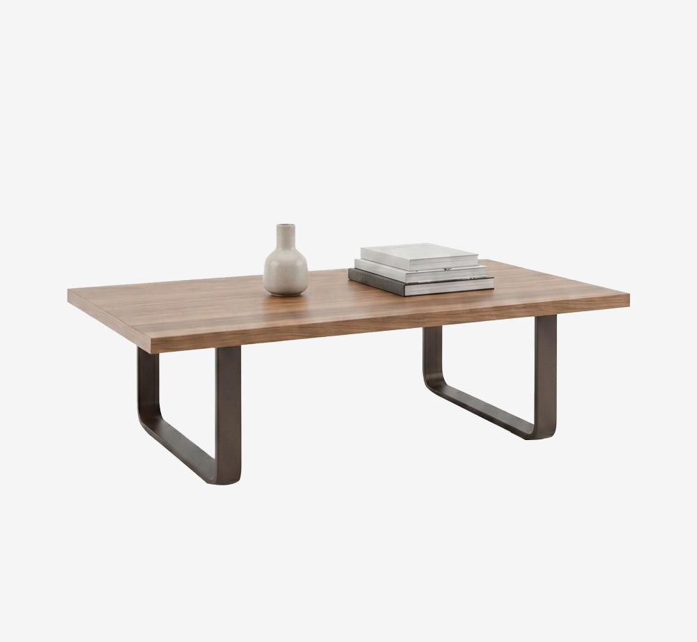 Modern Walnut Wood Coffee Table | Minimalist Center Table with U-Shaped Metal Legs for Living Room