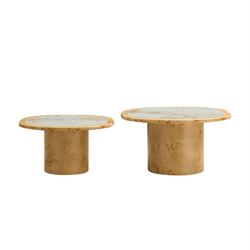 Modern Burl Wood Nesting Coffee Table Set with Sintered Stone Top – Luxury Round Coffee Tables for Contemporary Living Rooms