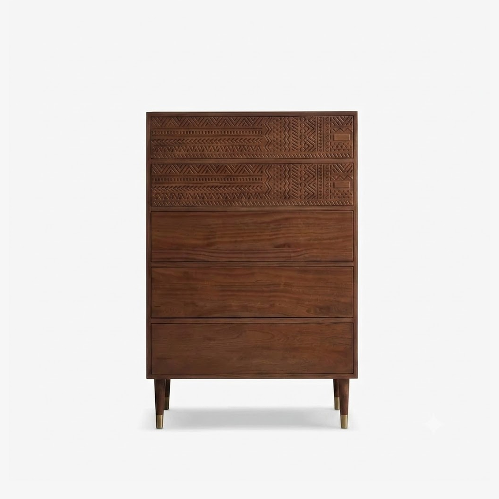 Vintage Carved Solid Wood 5-Drawer Tall Chest in Walnut Brown