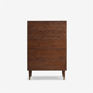 Vintage Carved Solid Wood 5-Drawer Tall Chest in Walnut Brown