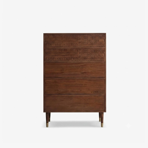 Vintage Carved Solid Wood 5-Drawer Tall Chest in Walnut Brown