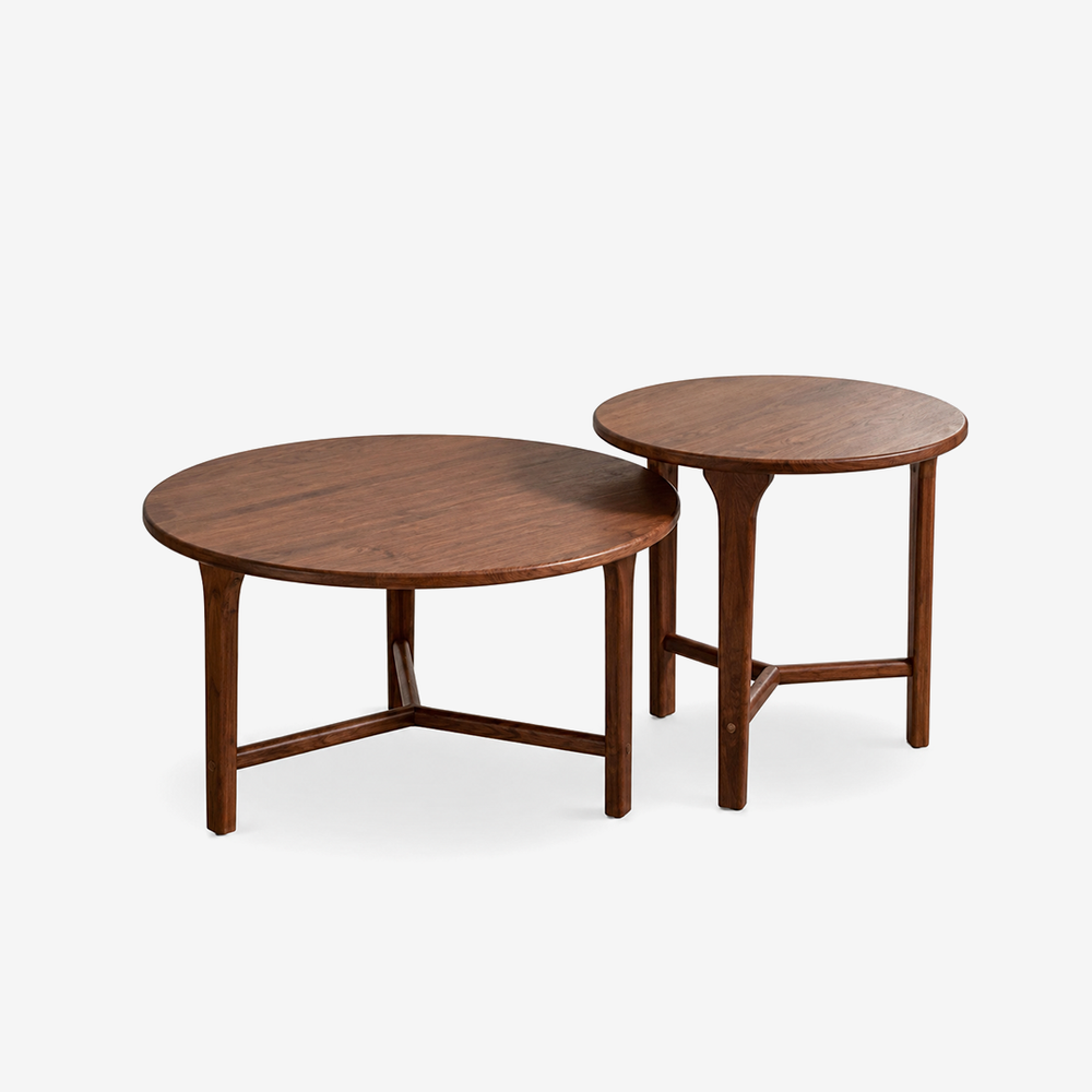 Mid-Century Modern Walnut Nesting Coffee Tables – Round Solid Wood Side Table Set of 2
