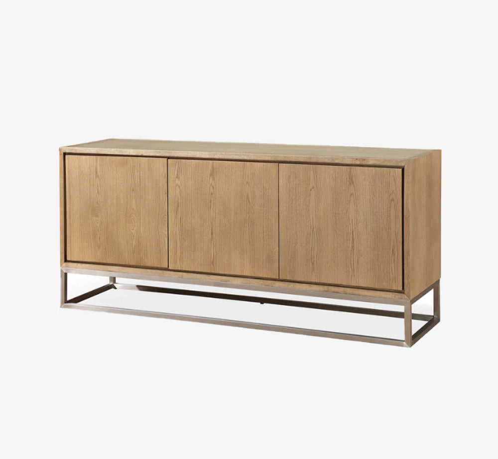 Fully Assembled 70" White Oak Sideboard with Brushed Stainless Steel Base