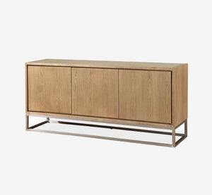 Fully Assembled 70" White Oak Sideboard with Brushed Stainless Steel Base