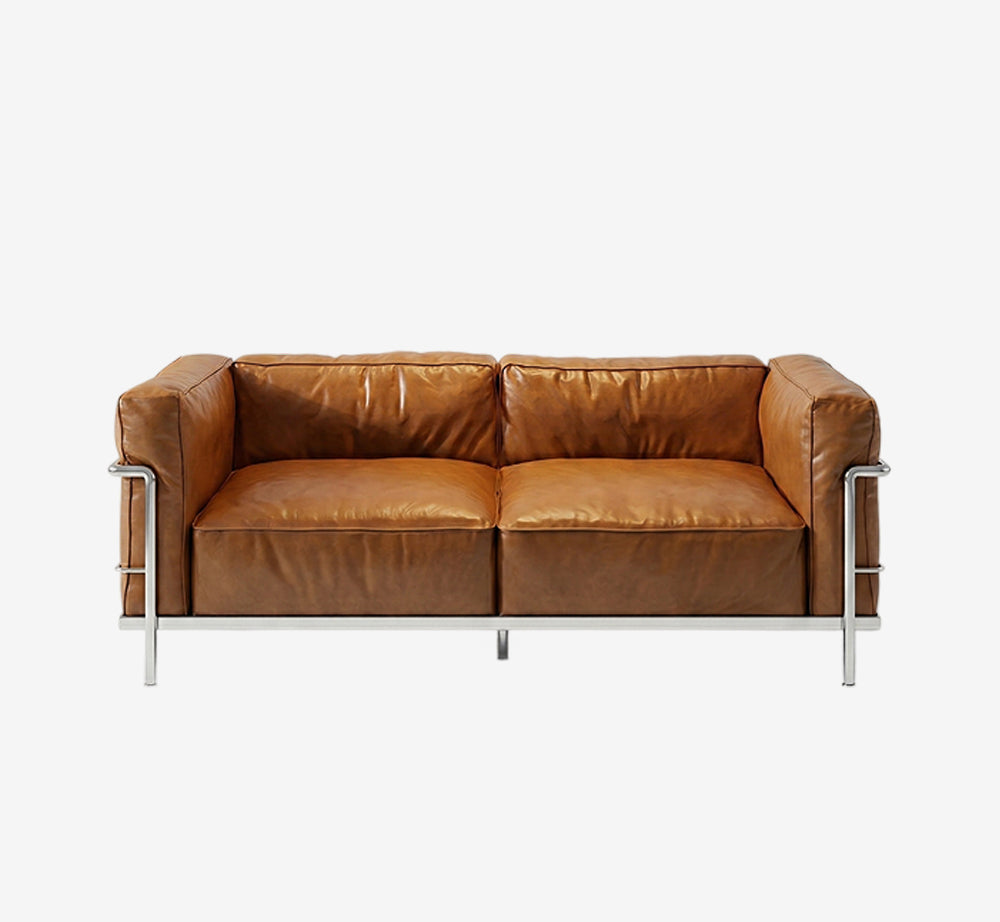Modern Designer Leather Sofa, Genuine Leather Loveseat, Minimalist Office Sofa with Metal Frame, Cognac Tan Sofa for Living Room