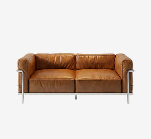 Modern Designer Leather Sofa, Genuine Leather Loveseat, Minimalist Office Sofa with Metal Frame, Cognac Tan Sofa for Living Room