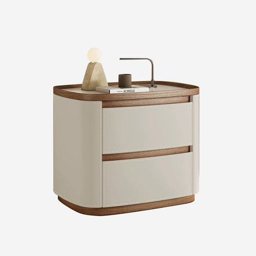 Solid Wood Nightstand With Genuine Leather