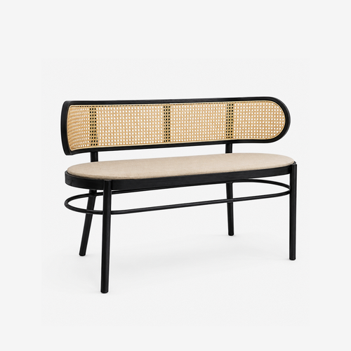 Modern Cane Bench with Upholstered Seat – Wooden Entryway & Dining Bench