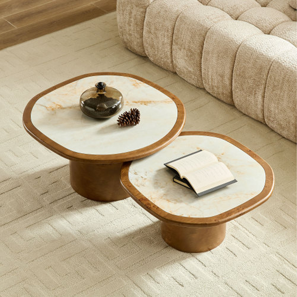 Modern Burl Wood Nesting Coffee Table Set with Sintered Stone Top – Luxury Round Coffee Tables for Contemporary Living Rooms
