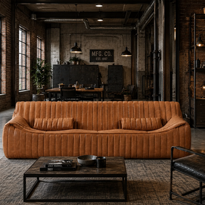 Industrial Vintage Oil Wax Leather Sofa – Modern Channel Tufted Upholstered Couch