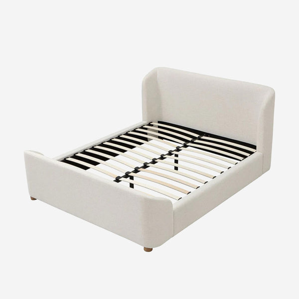 Modern Beige Curved Upholstered Platform Bed | Soft Wingback Headboard Bed Frame