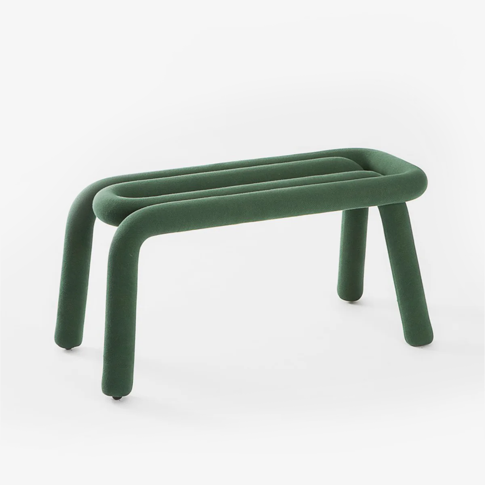 Modern Emerald Green Velvet Tubular Bench | Sculptural Link Design Entryway Stool | Avant-Garde Hallway Seating