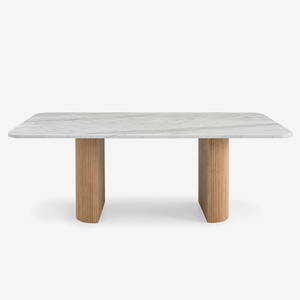 Modern Marble Dining Table with Fluted Oak Pedestal Base – Contemporary Rectangular Dining Table
