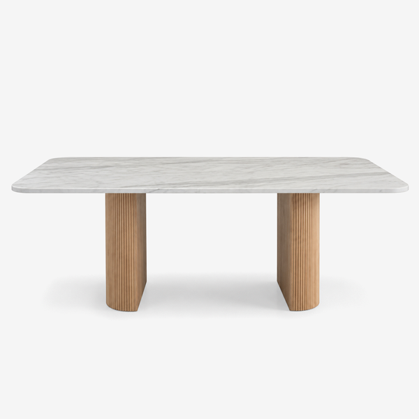 Modern Marble Dining Table with Fluted Oak Pedestal Base – Contemporary Rectangular Dining Table