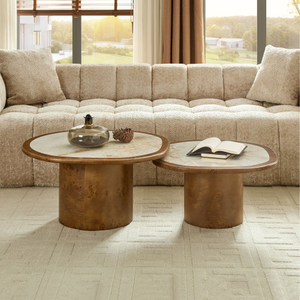 Modern Burl Wood Nesting Coffee Table Set with Sintered Stone Top – Luxury Round Coffee Tables for Contemporary Living Rooms