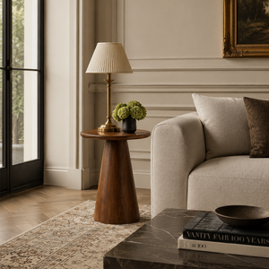 Modern Round Solid Wood Side Table – Sculptural Pedestal End Table for Living Room & Bedroom