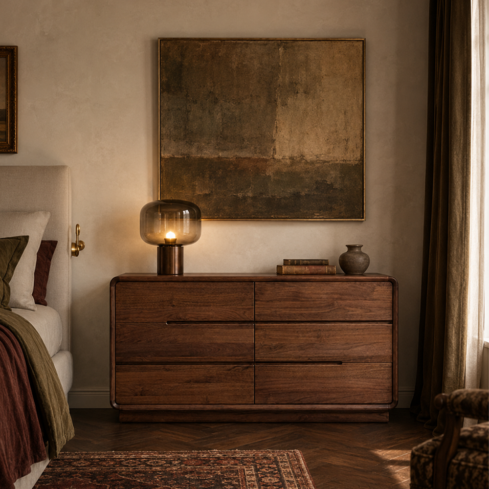 Mid-Century Modern Walnut 6-Drawer Dresser with Rounded Frame
