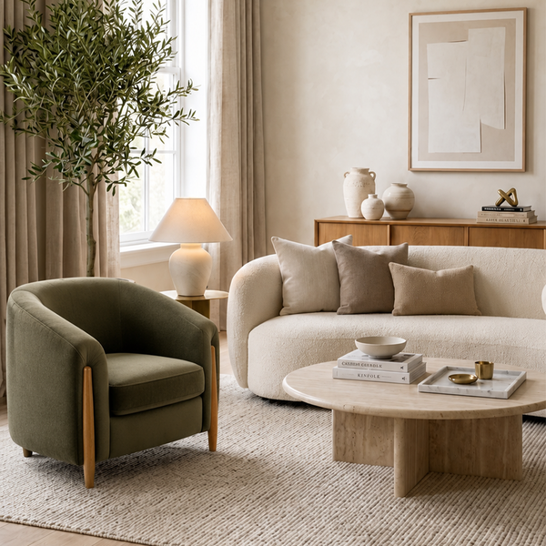 Modern Crescent Barrel Accent Chair – Upholstered Lounge Chair with Solid Wood Legs