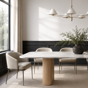 Modern Marble Dining Table with Fluted Oak Pedestal Base – Contemporary Rectangular Dining Table